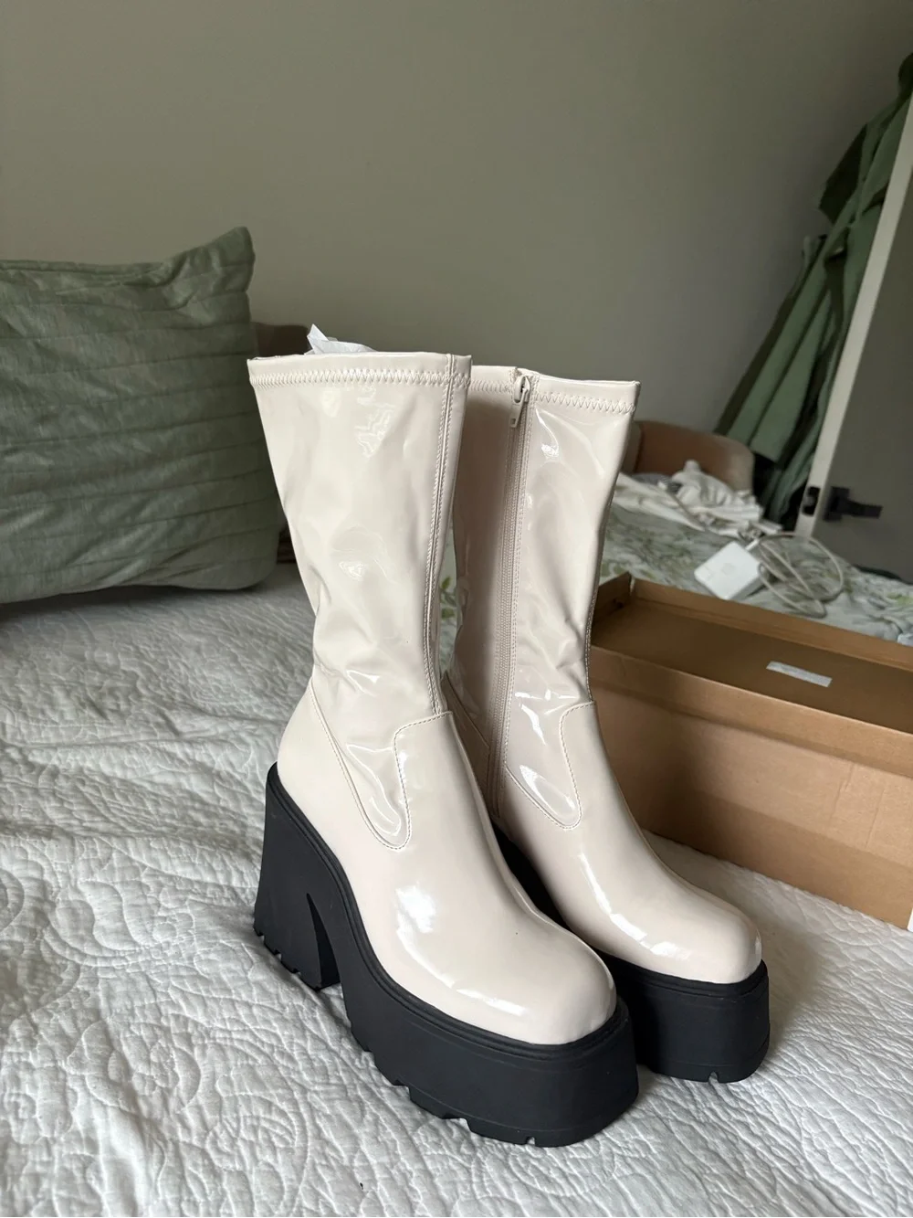 Platform Mid-Calf Boots in Cream Patent